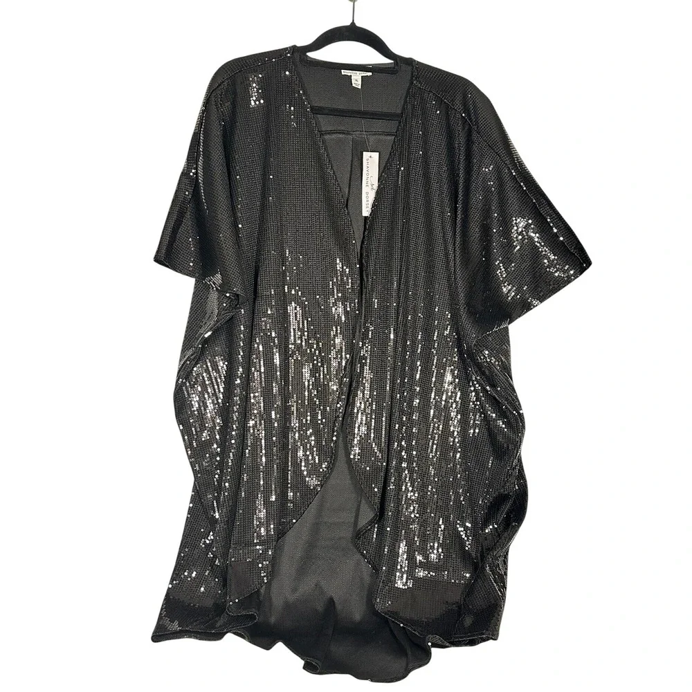 Women's Sequin‎ Kimono Cardigan Black Open Front Short Sleeve Elegant Glam XL